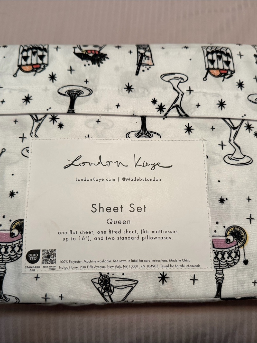NEW London Kaye Queen Sheet Set Ghost Halloween Print Polyester 4-Piece